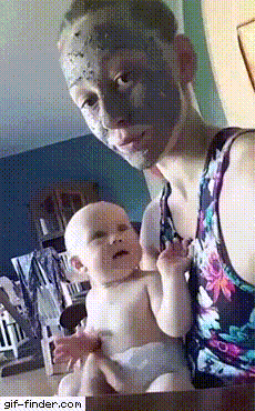 Frightened son with mother mask