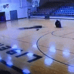 Just casually walking through the gym with no one watching but the security camera. Trick shot, nothing but net